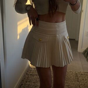 Zara Cream Pleated Mini Skirt with Gold Buttons